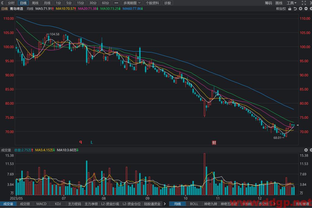 青岛啤酒(600600)股价走势和K线图分析预测-2023.12.27